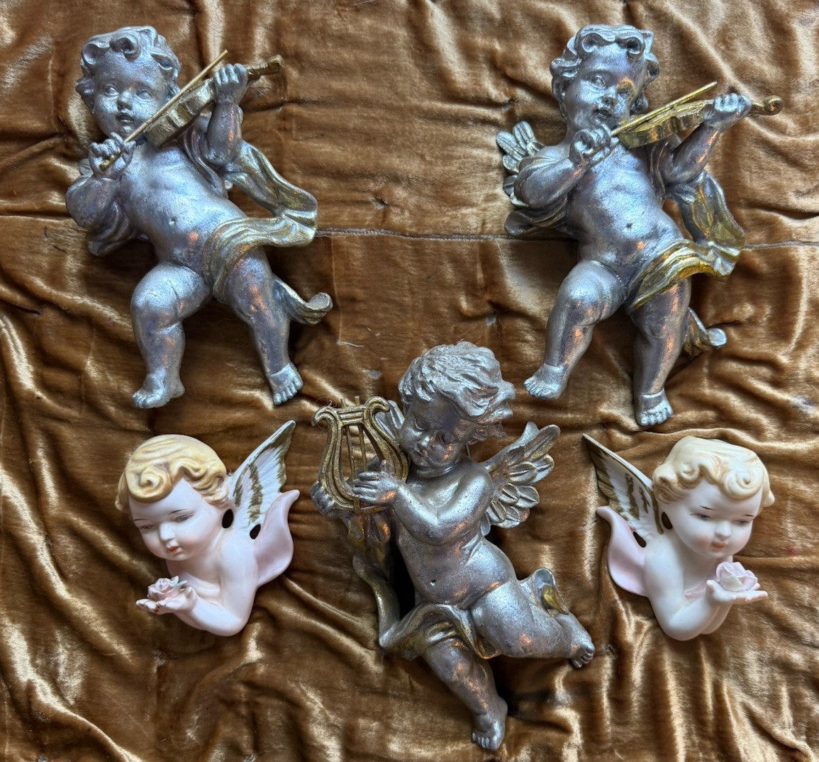 Vintage Cherub Wall Hanging Lot 🪽 ARCO Japan + Silver Angels 🎻💖 Shabby Chic