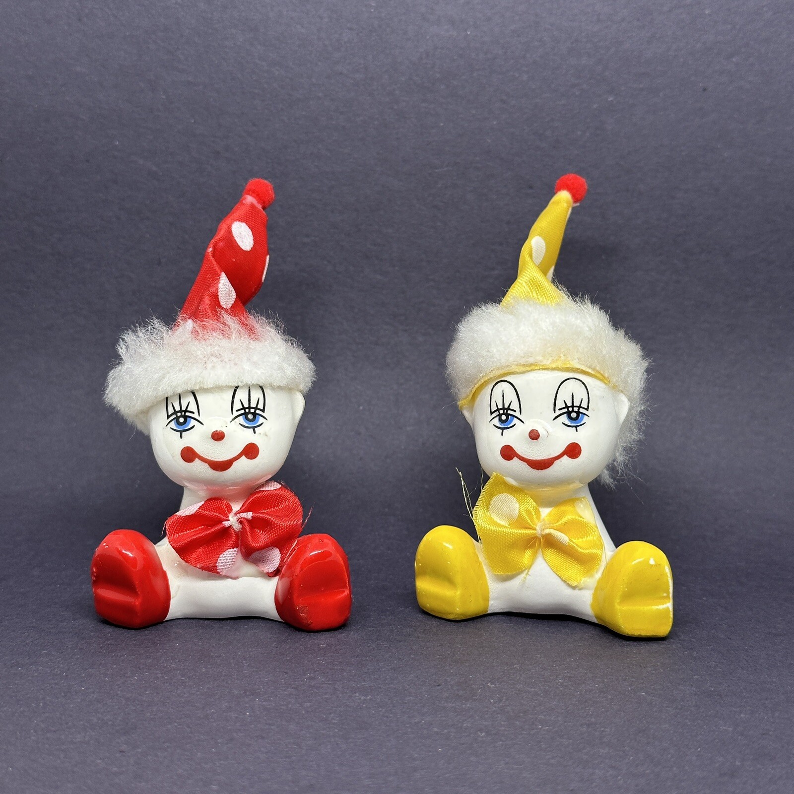 Vintage Sitting Clowns Mini Porcelain Figurines Red Yellow Fabric Hat Tie