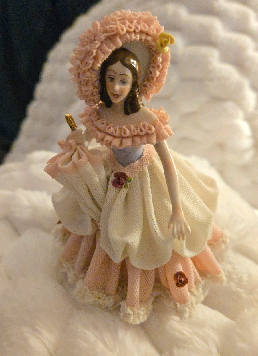 Dresden Pink Lace Lady Bonnet With Parasol Vintage Germany