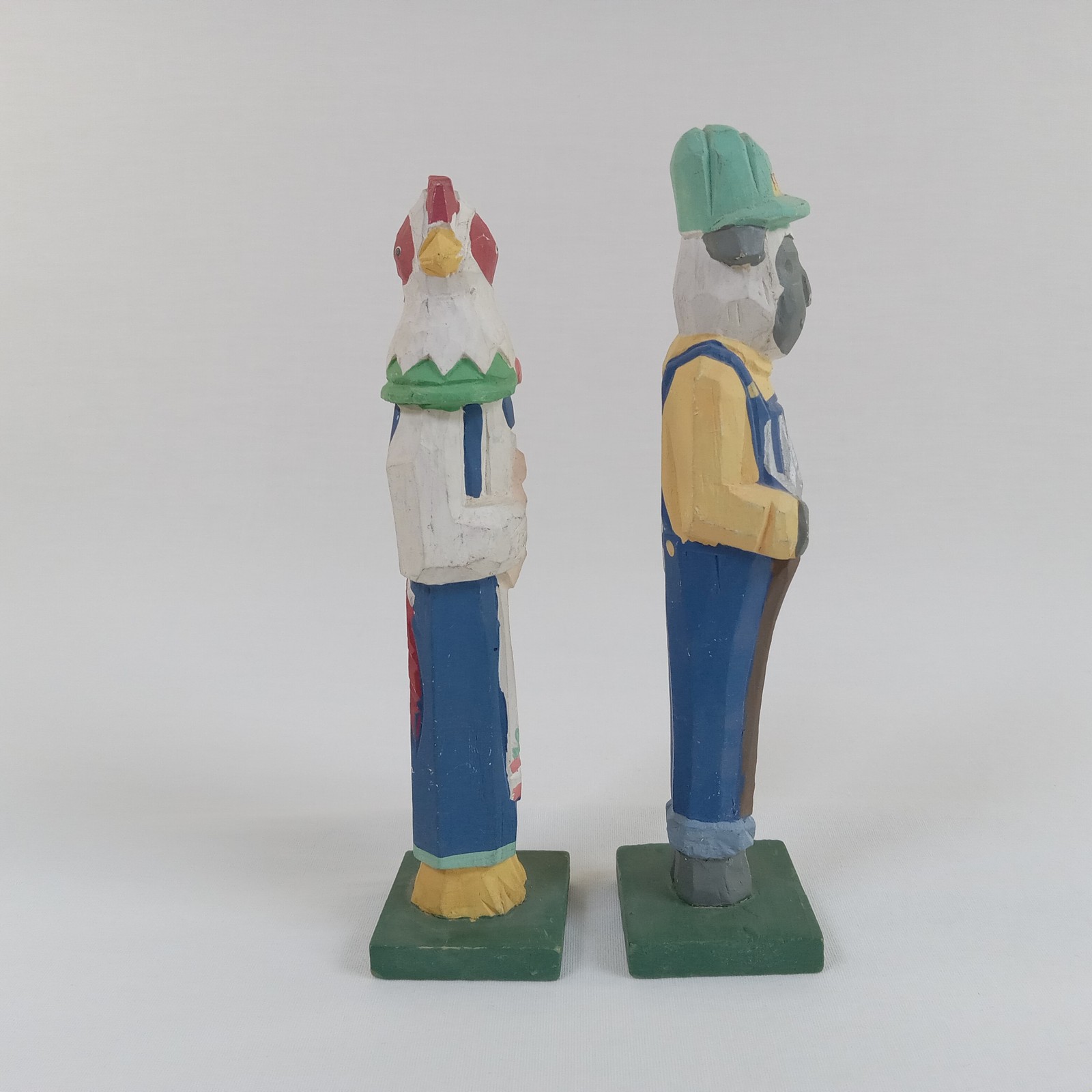Folk Art Hand Carved Wood Chicken & Sheep Farmer & Wife Figurines Set Farm Decor