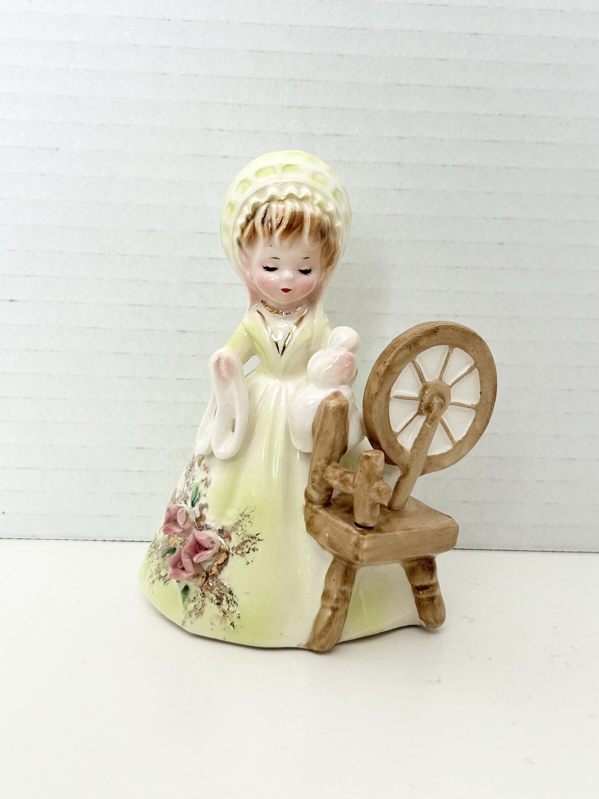 Josef Originals Colonial Days Spinning Wheel Girl Figurine Green Dress