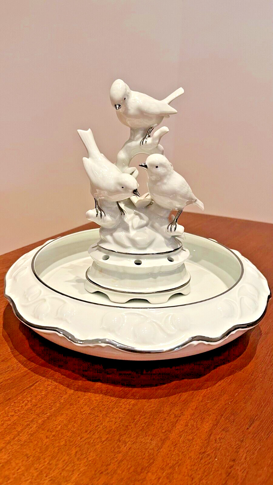 MINT Vintage Dresden White Porcelain w/Silver Trim 3 Bird Flower Frog With Bowl