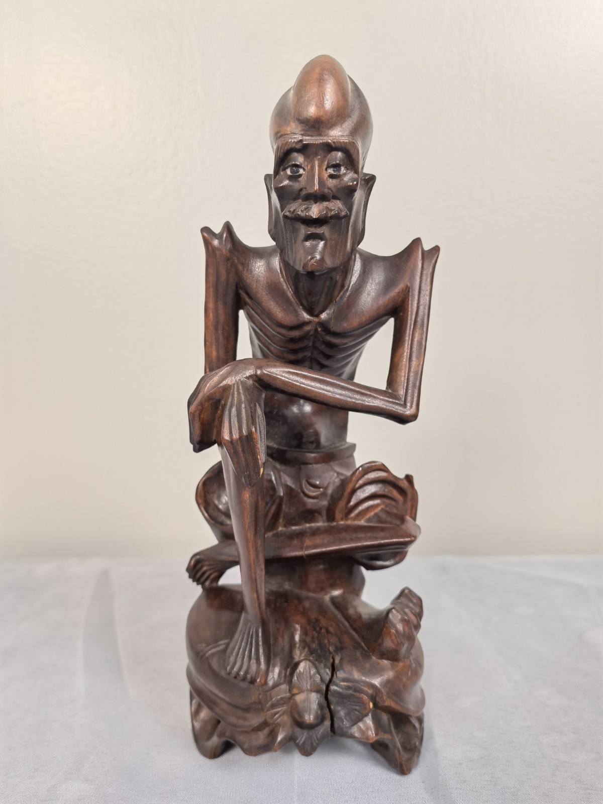 Chinese Wood Carved Ascetic Arhat Figure Vintage Style Hand Carving Statue