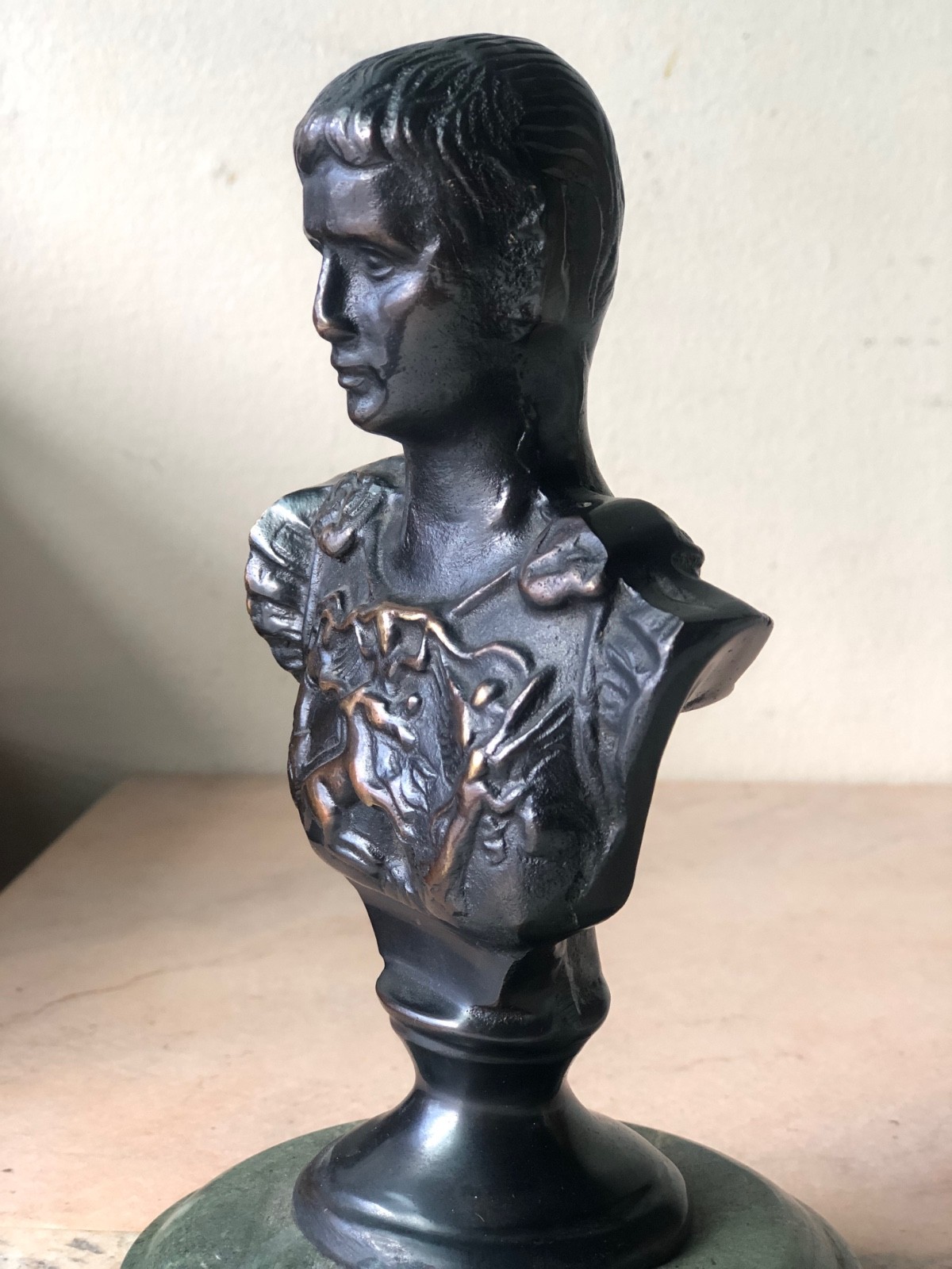 7″ Vintage Elegant Metal Bust of Augustus Caesar on Green Marble Base