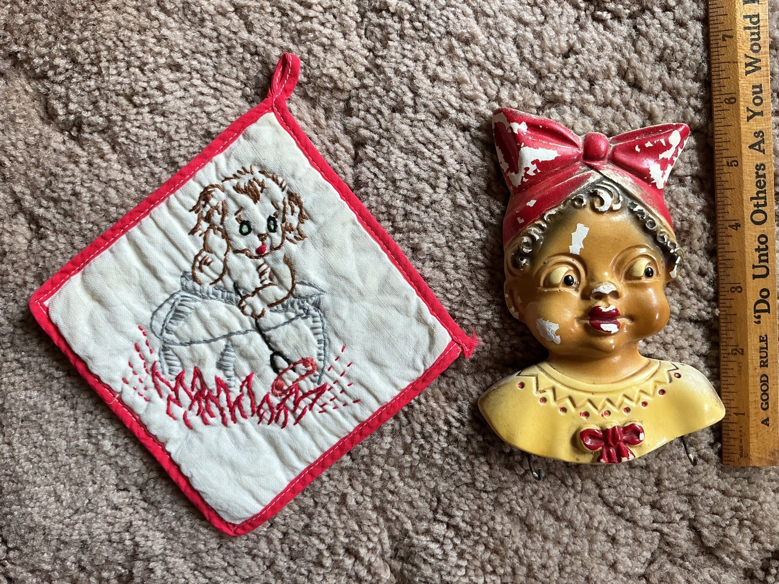 vintage face wall kitchen wall hanging with old handmade potholder