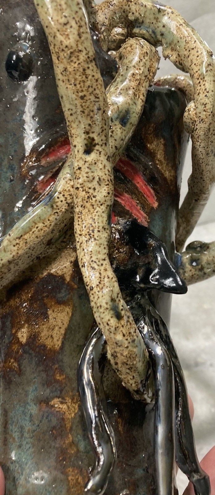 Surreal Southern Folk Art Face Jug Monster Shark Eating Octopus Pottery OOAK