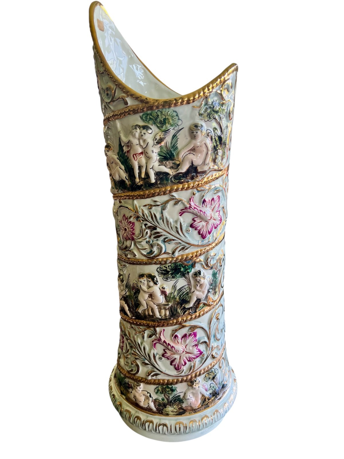 Rare Capodimonte Porcelain Umbrella Stand Gilded Scrolls Italian Rococo Cherubs