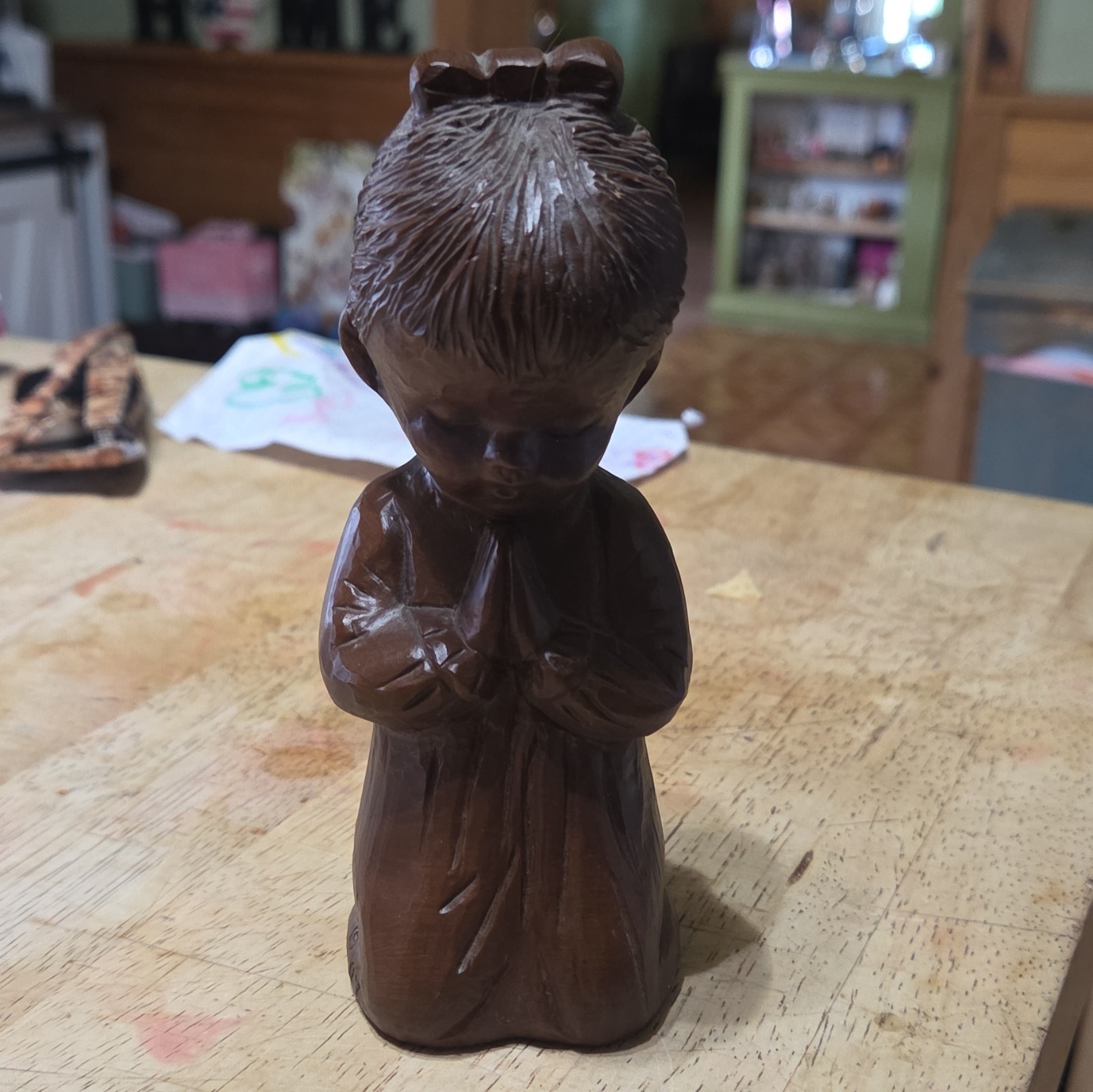Brown Carved Wooden Praying Girl Figurine Glossy Finish Religious People