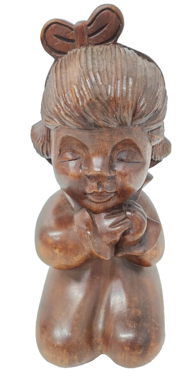 Vintage Hand Carved Wood Praying Girl Figurine Statue Religious Display Decor