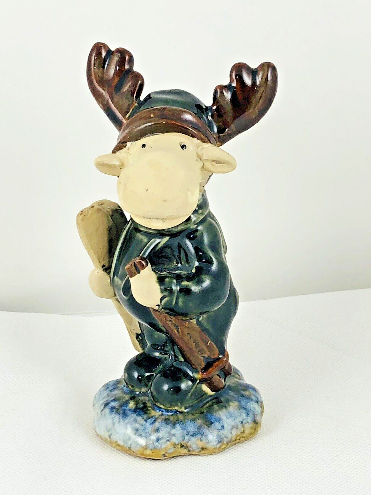 Ceramic Figurine Moose With Skis and Poles