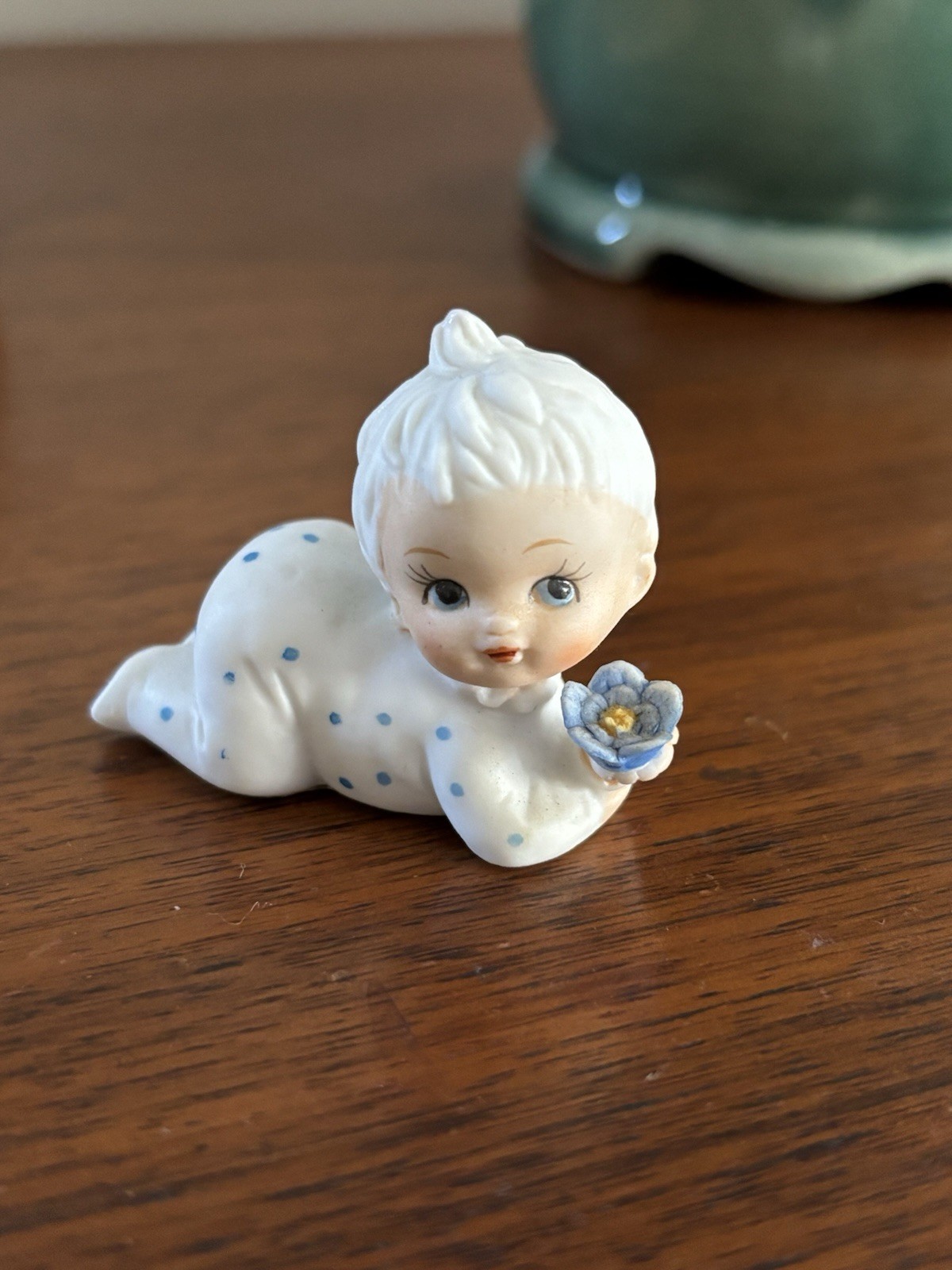 Vtg Napco Baby of the Month Mini Figurine Blue Dots & Flower Porcelain Bisque