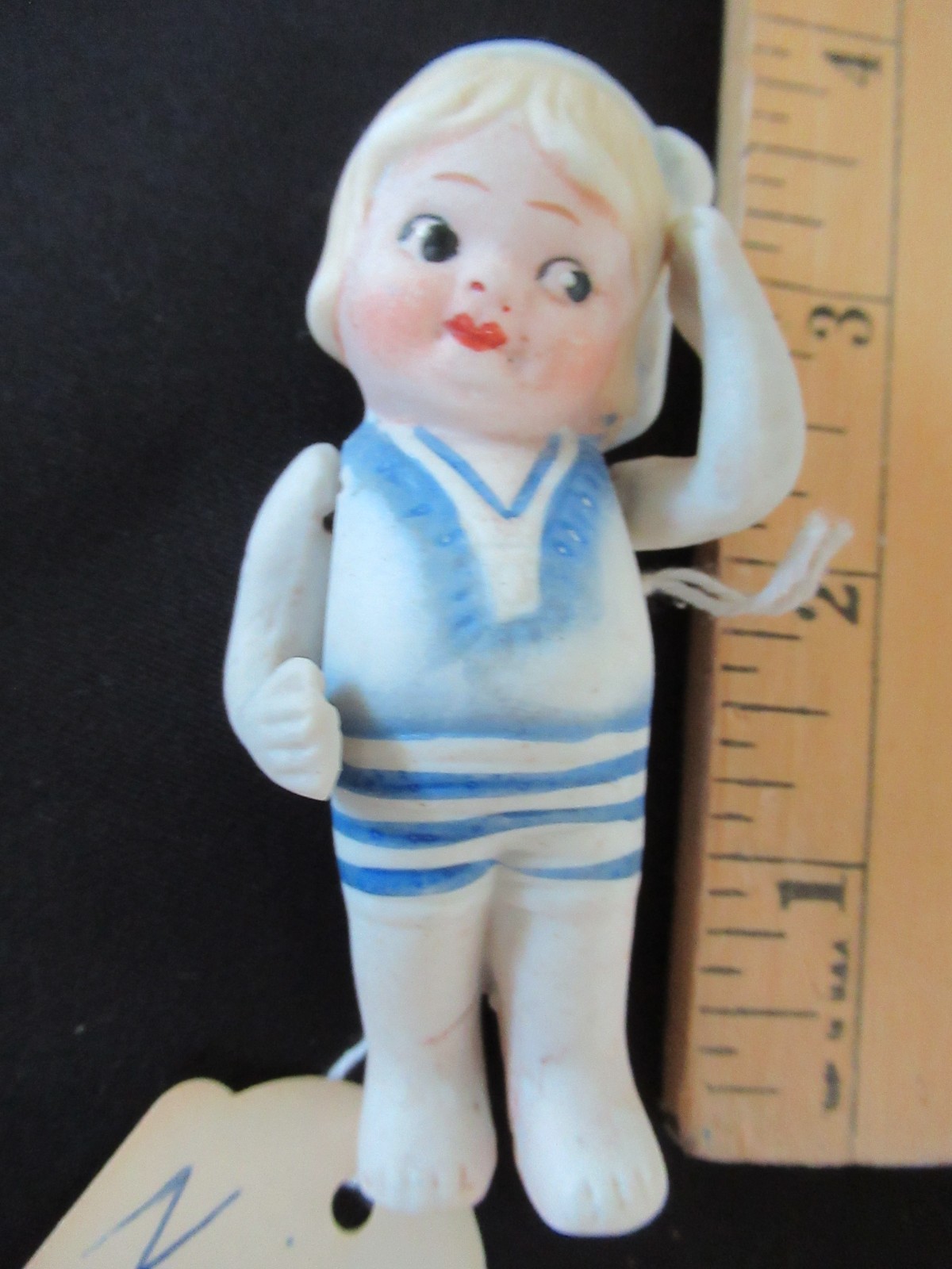 NIPPON Vintage jointed arms Bathing Beauty girl DOLL 3.5″ Porcelain Bisque blue