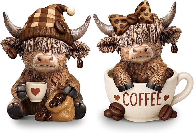 Wesiti 2 Pcs Highland Cow Figurines Coffee Highland Cow Gnomes Scottish Resin…