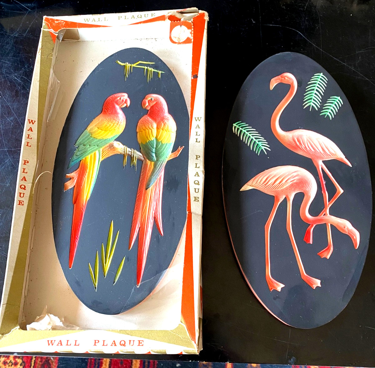 Vintage Miller Studio Chalkware Parrots & Flamingo Wall Plaques Set 2 Orig Box