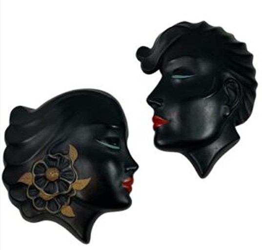 ABCO Chalkware Man & Woman Wall Plaques Black Art Deco MCM 1954 Pair