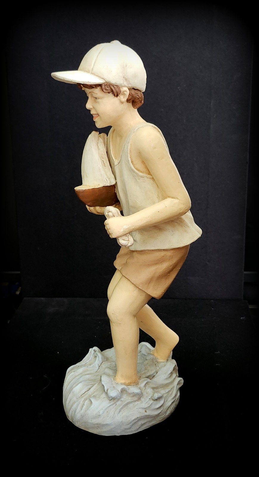 Vintage Victorian Beach-Themed Boy Holding Sailboat Figurine 12″