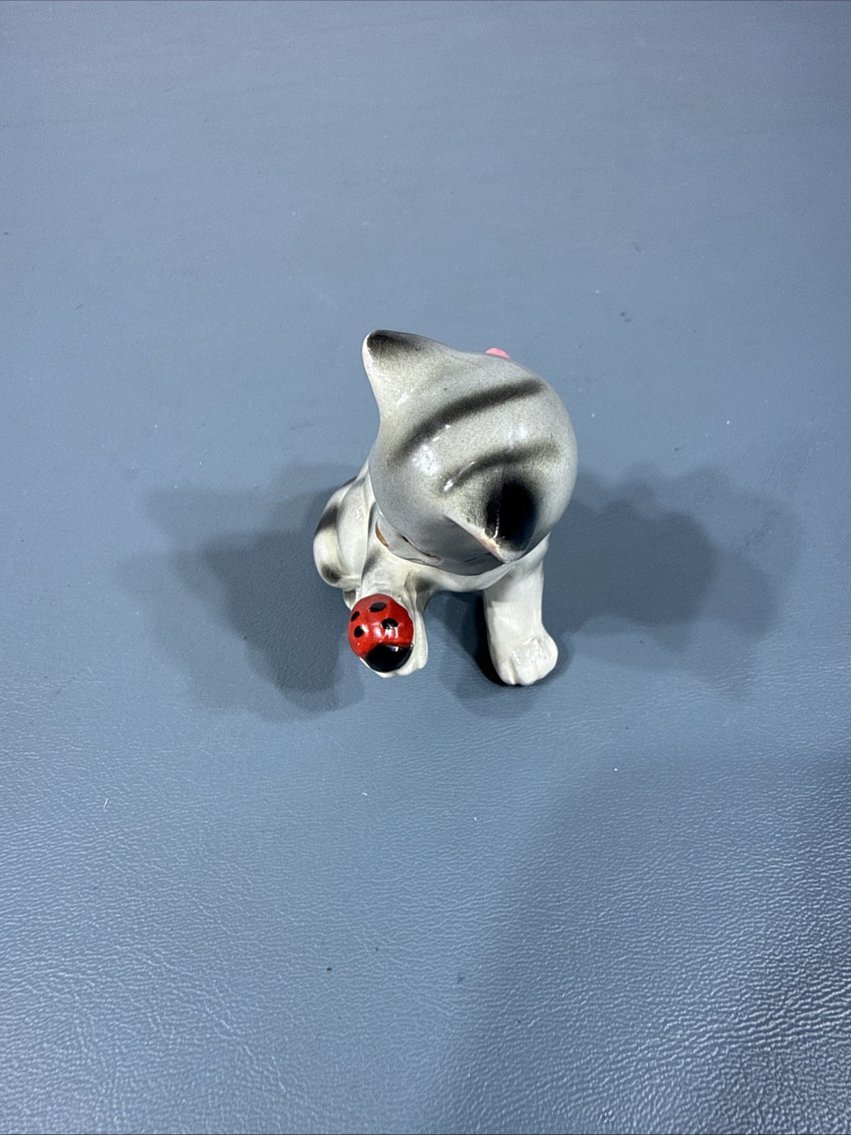 Vintage Kitten Playing With Ladybug Gray Striped Cat Green Eyes & Ribbon Japan