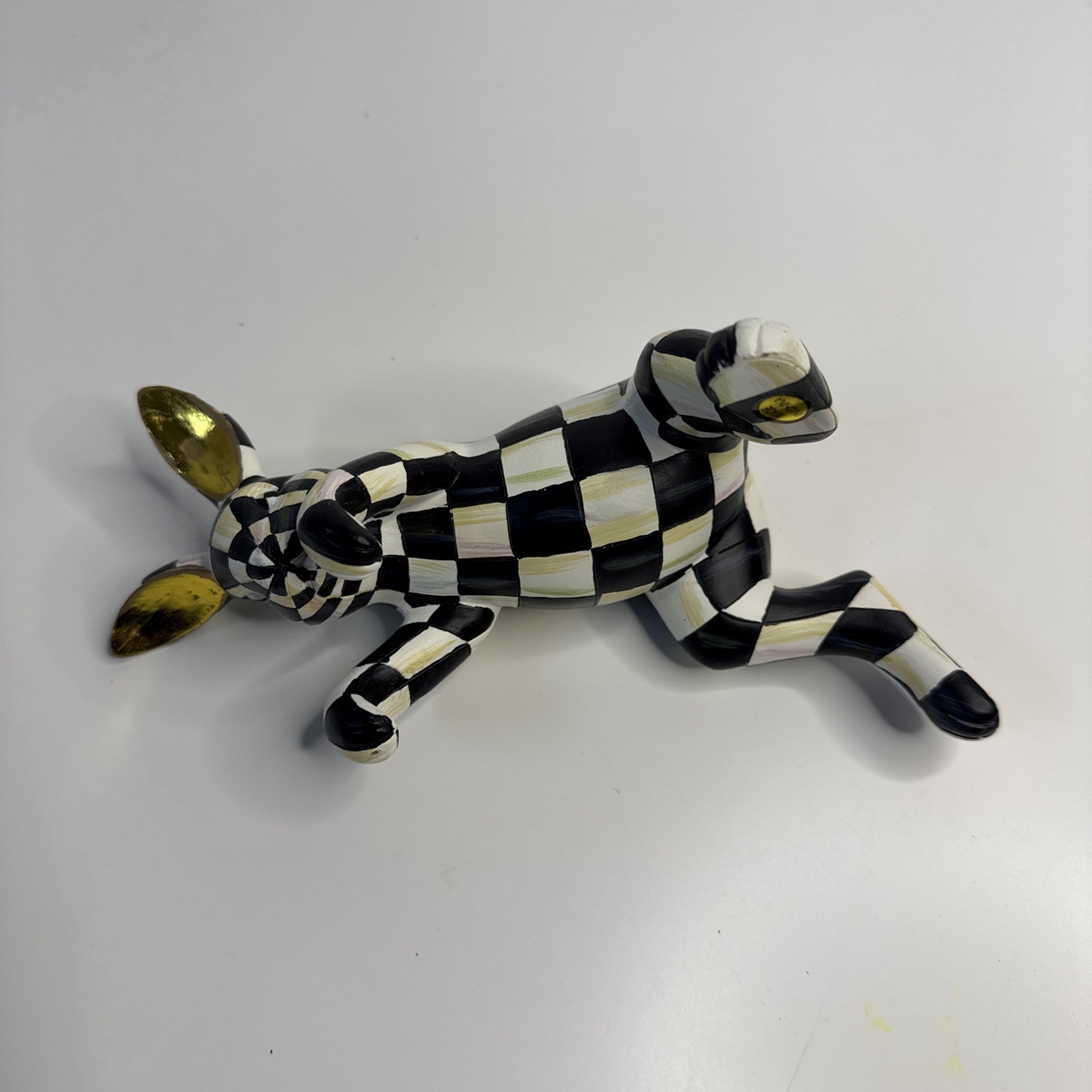 MacKenzie Childs Funny Bunny Courtly Check Black & White Gold Ears Pot Climber