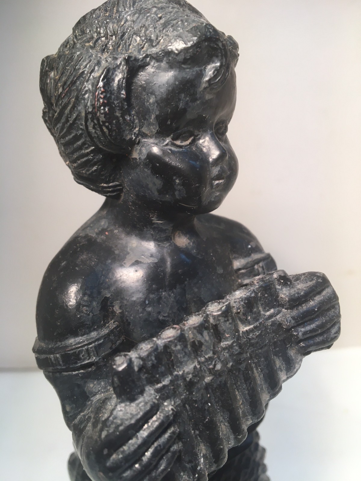 ANTIQUE SCULPTURE METAL SPELTER- BRONZE PAN SATYR FAWN ON MARBLE BASE MYTHOLOGY