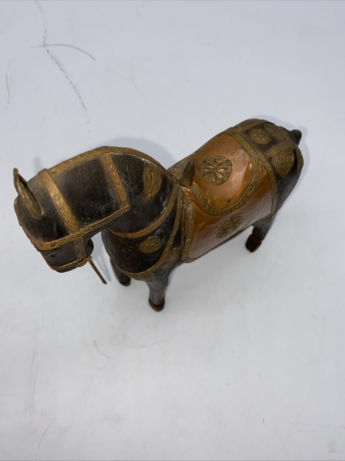 Vintage Wood Horse Hand Carved with Ornate Brass And Copper Accents 8”