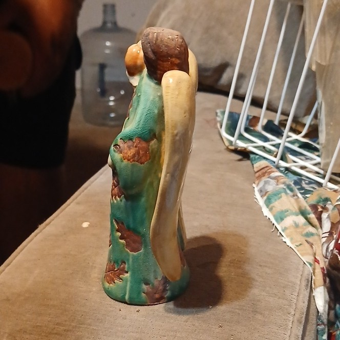 Ceramic Angel Figurine Hand Painted Glossy 3D Effect Green Brown Beige