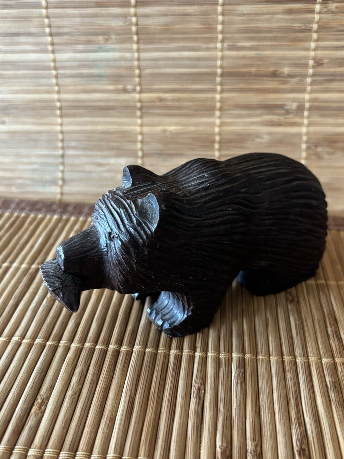 Beautifully Carved Wood BEAR with FISH in mouth 5 1/2″ L x 2 1/2″ h