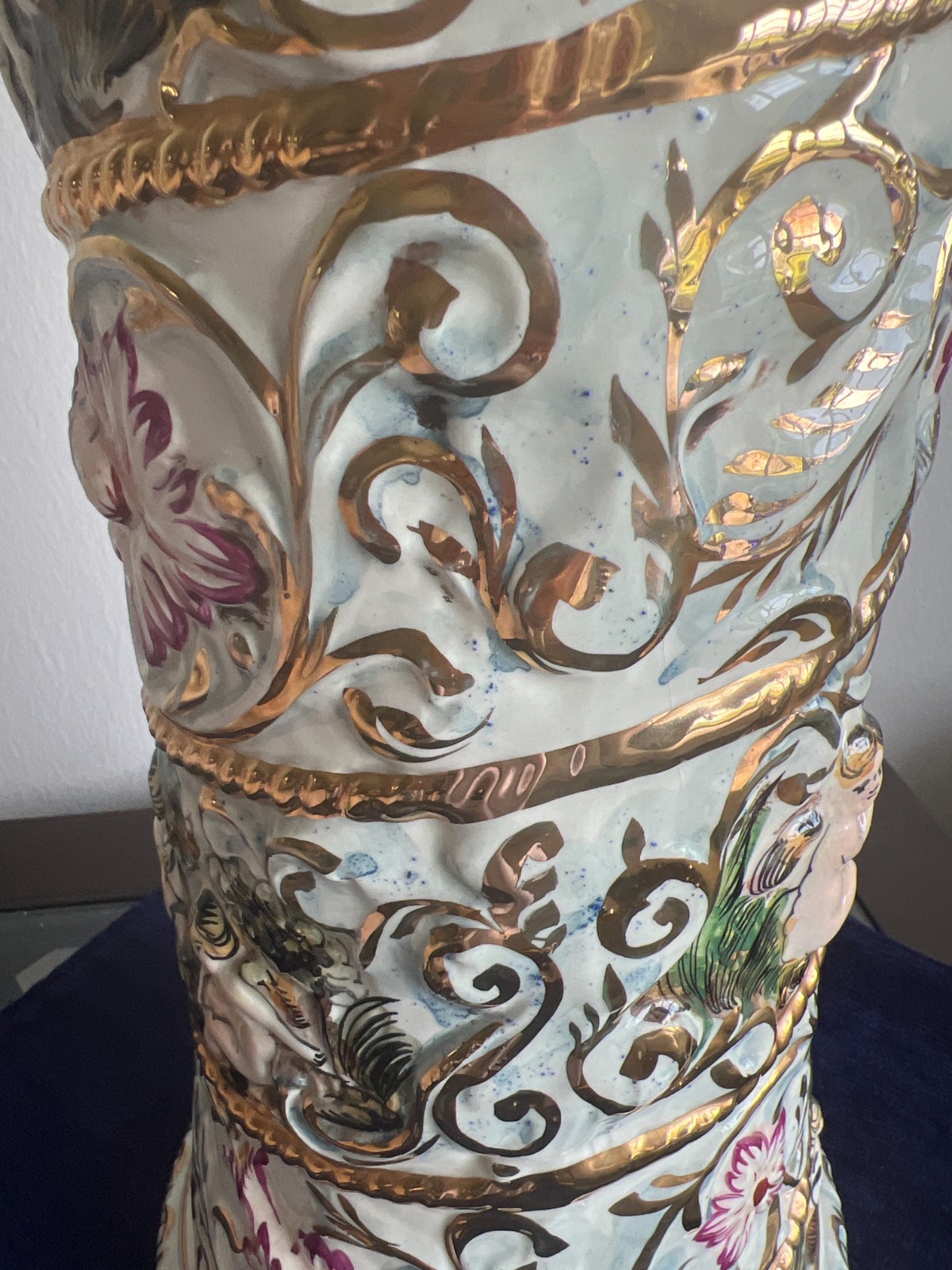 Rare Capodimonte Porcelain Umbrella Stand Gilded Scrolls Italian Rococo Cherubs