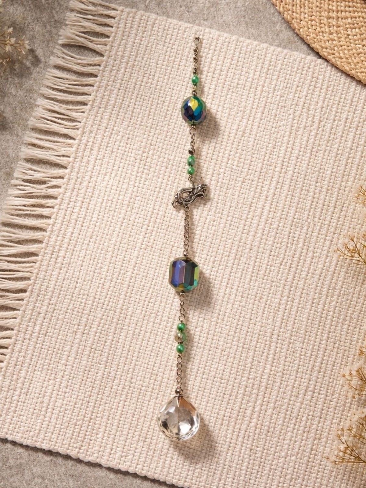 Crystal Suncatcher with Green Accent Beads And mermaid Charm