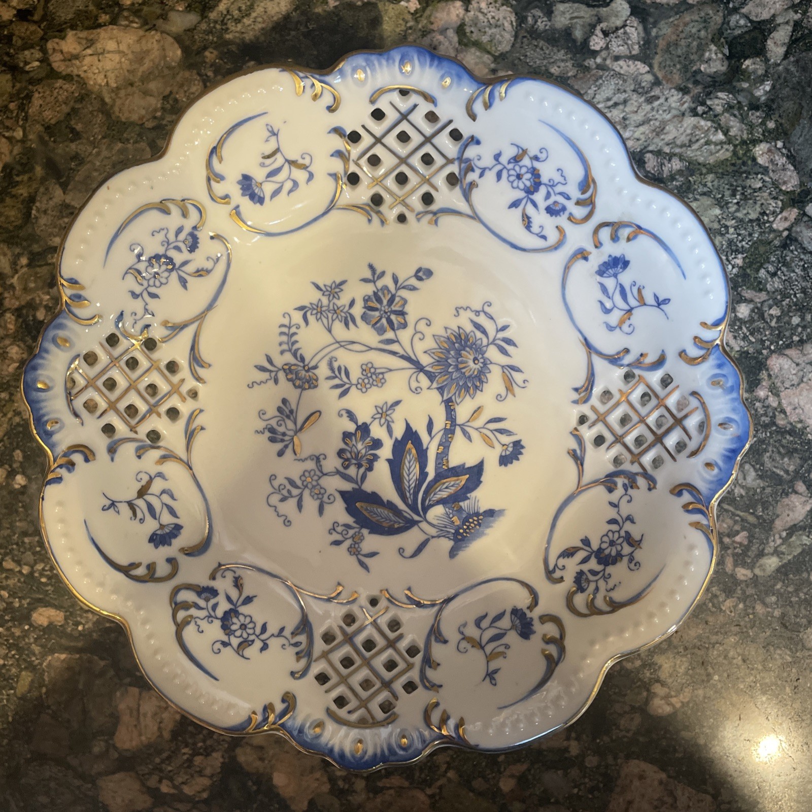 Andrea Reticulated Pedestal Porcelain Bowl Basket Blue Gold 6702