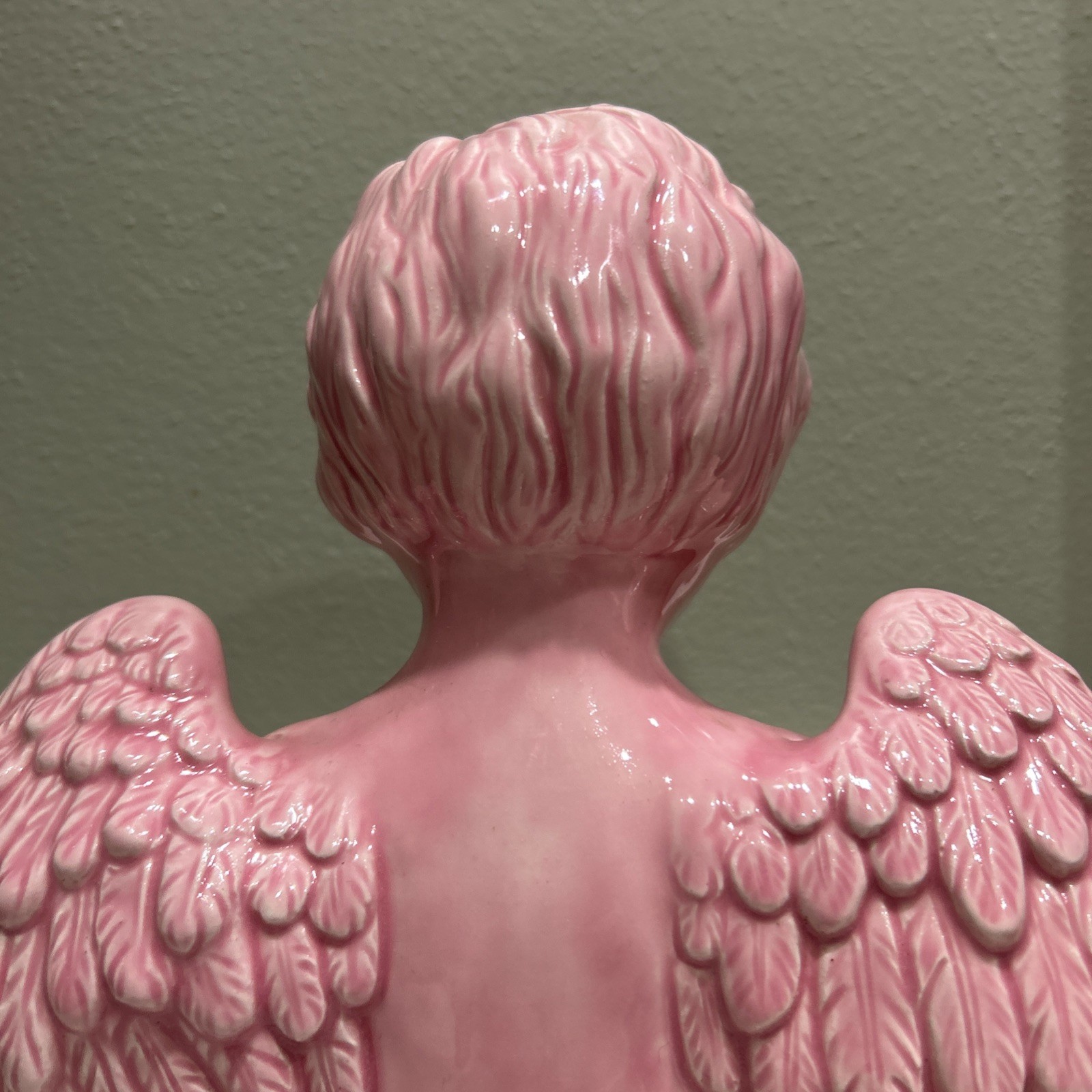 Angel Cherub Figure Kneeling Praying Hands Wings- 10″ Tall- Pink Gloss