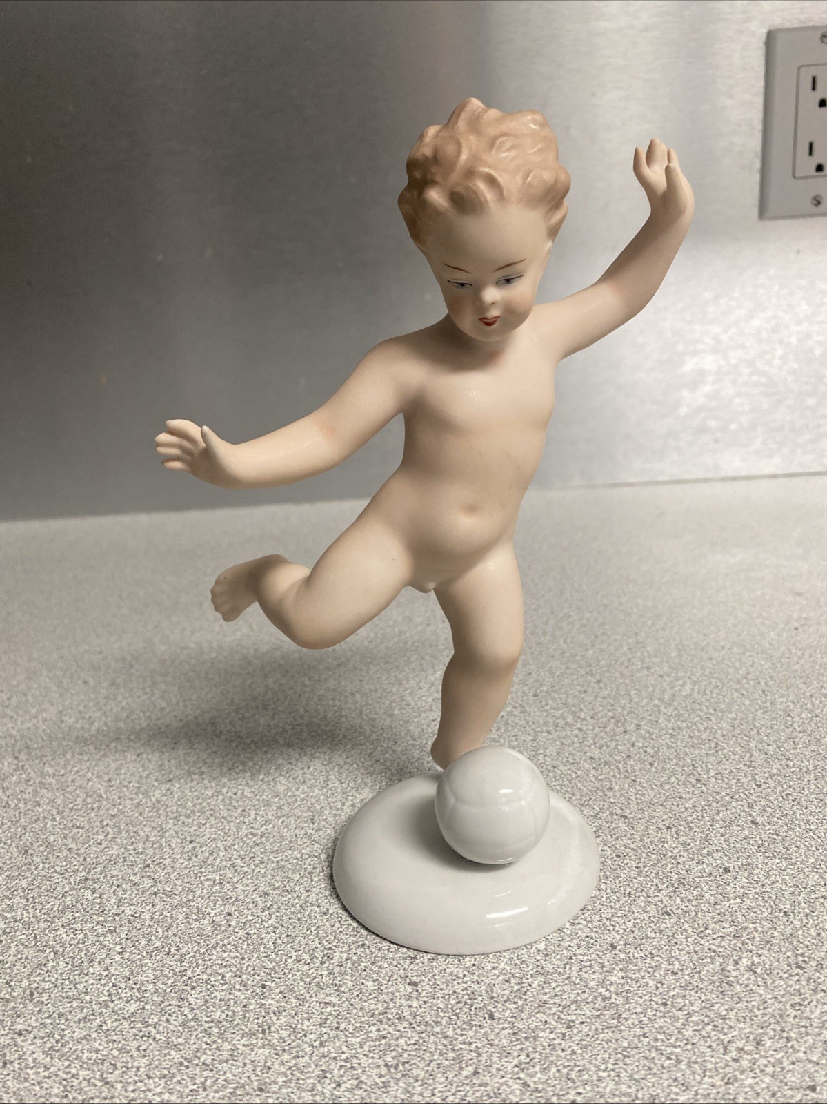 Vintage 7” Wallendorf Porcelain Bisque Putti Boy Soccer Player Figurine