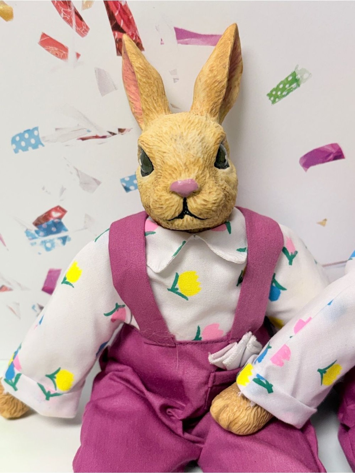 Pair Easter Bunny Rabbit Dolls Pink Overalls Floral Shirts Spring Decor