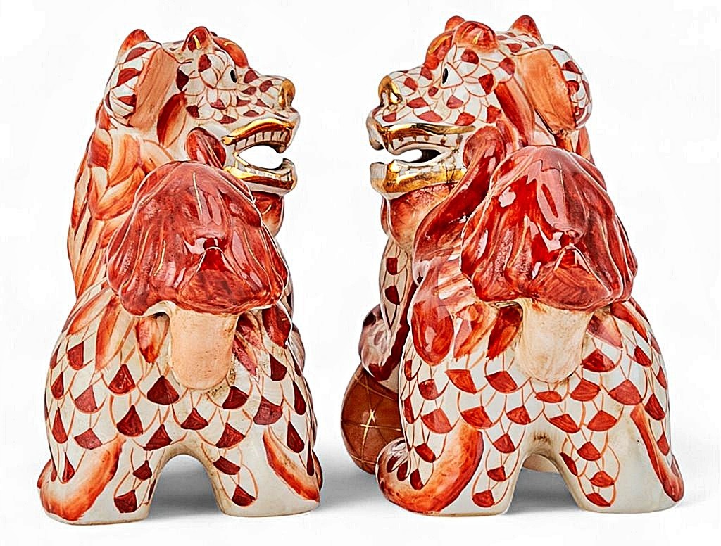 Pair Of Rust Red, White Porcelain Chinese Foo Dogs. Hand Painted (6.5″H, each)