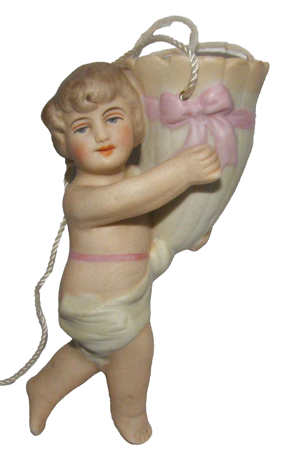 Antique Vtg Bisque Porcelain Oil Lamp Pull Swinger Cherub Putti & Basket German?