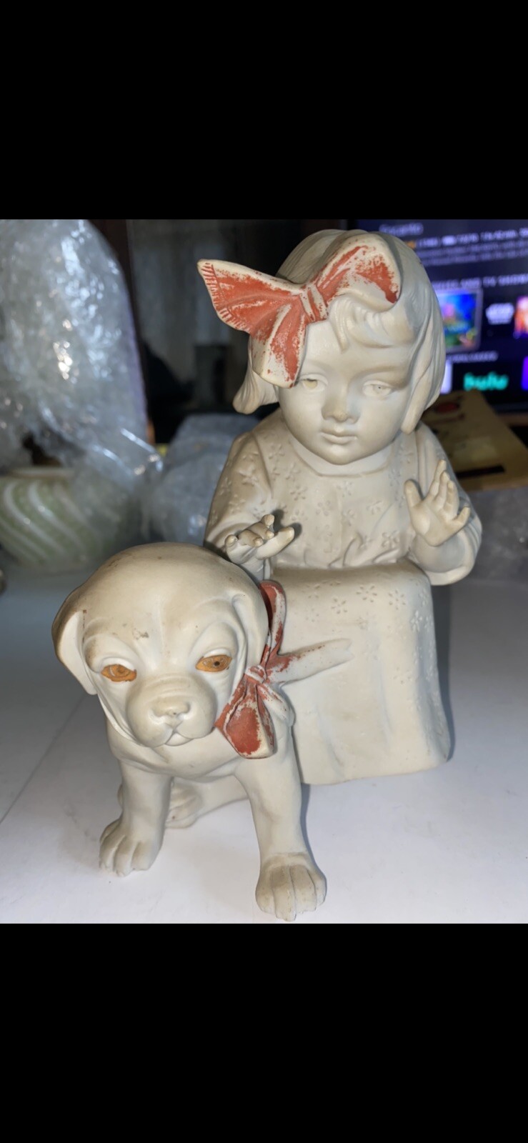 7” Vtg German Carl Schneider Bisque Porcelain Little girl dog Puppy Ceramic