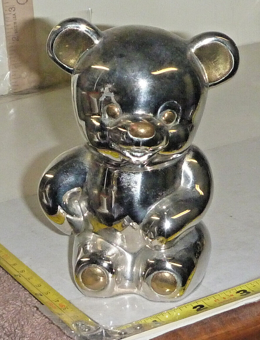 Vtg Silver Color Metal Sitting Teddy Bear Figurine ~5″ H , 1 Lb 3 oz