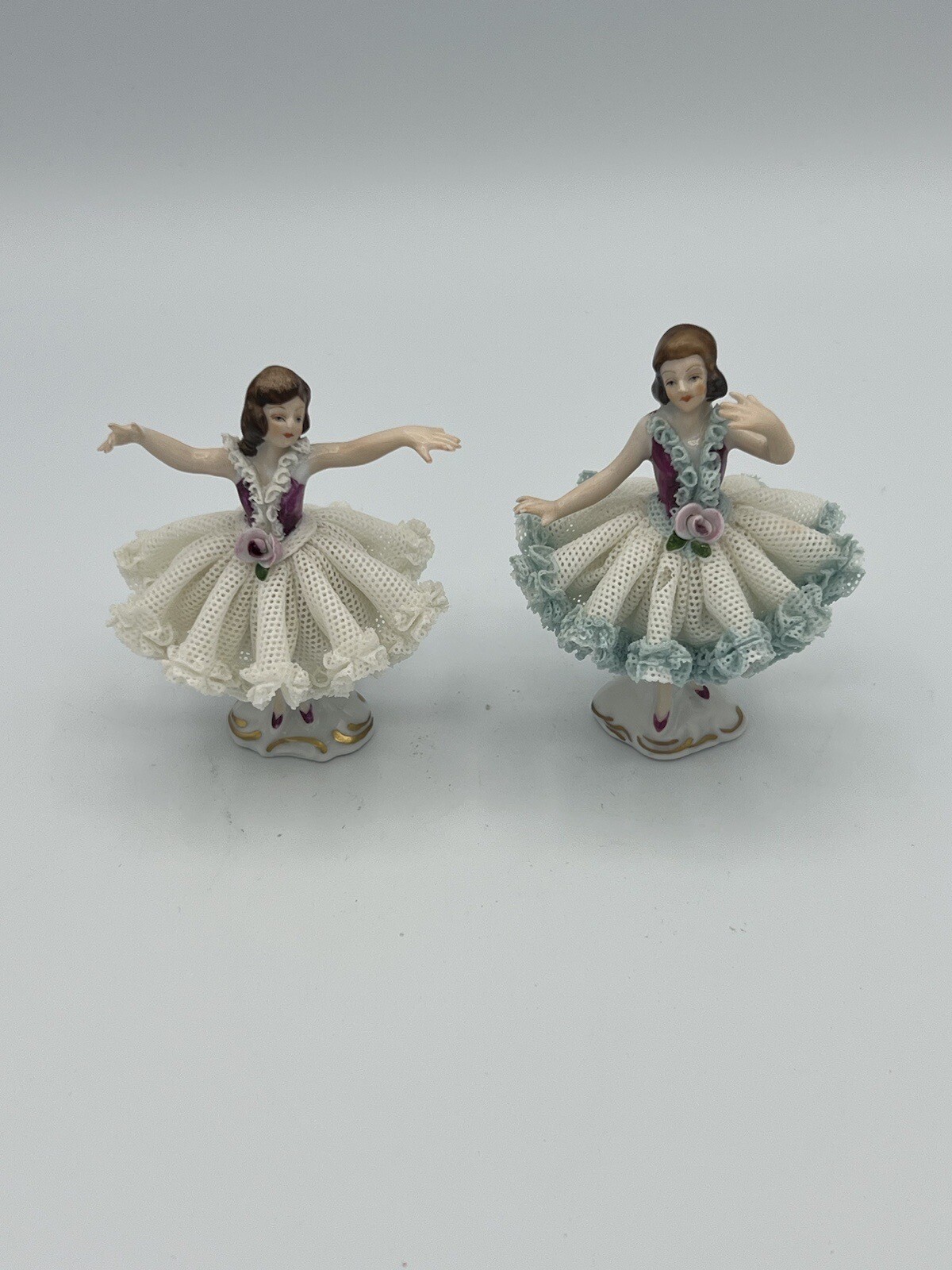 Vintage German Karl-Heinz Klette Dresden Lace Porcelain Ballerina 4″ Set of 2