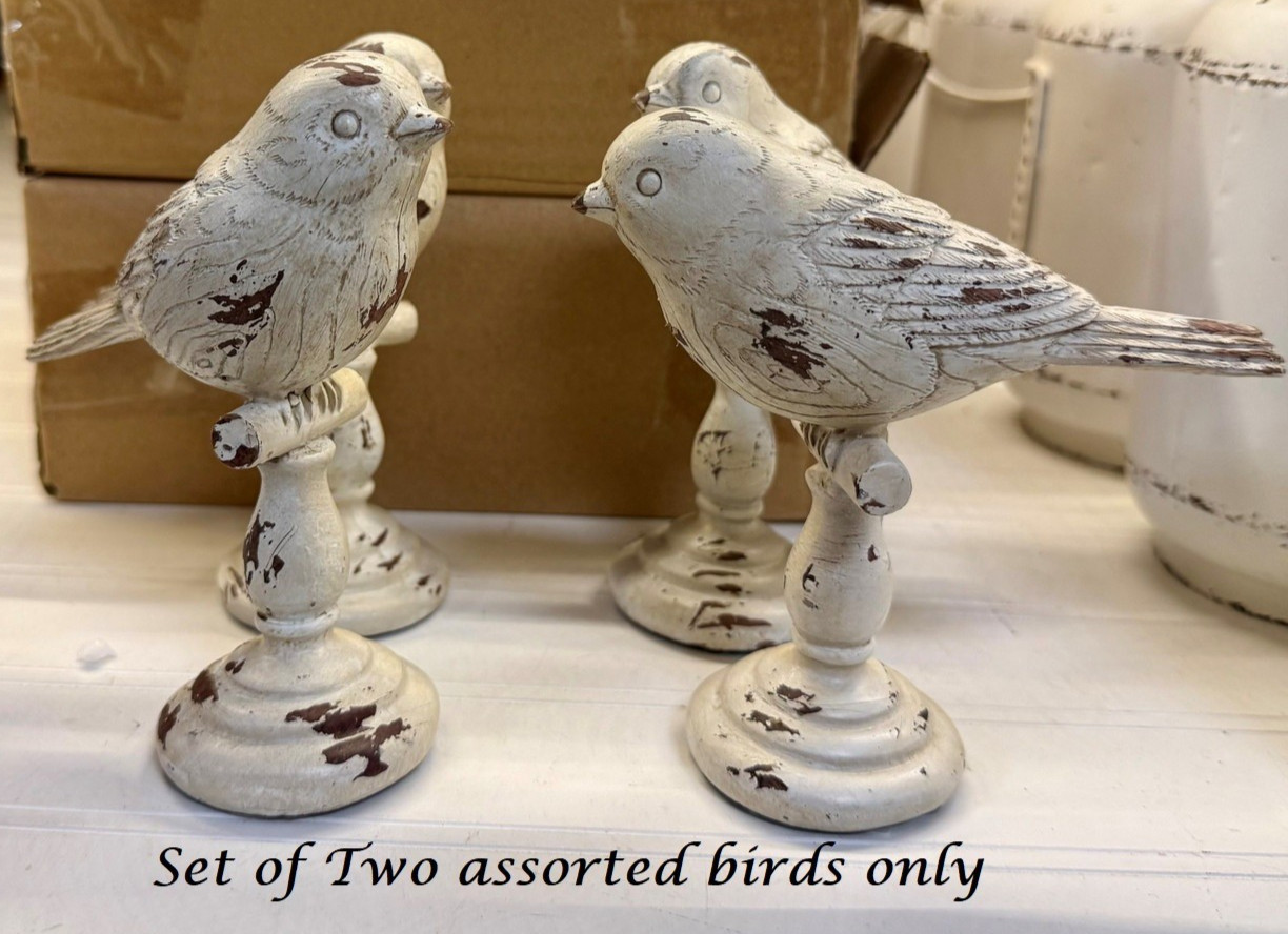 NEW Farmhouse Primitive BIRDS ON PEDESTALS 2 ASSORT SHABBY Resin 5.25″ H Cottage
