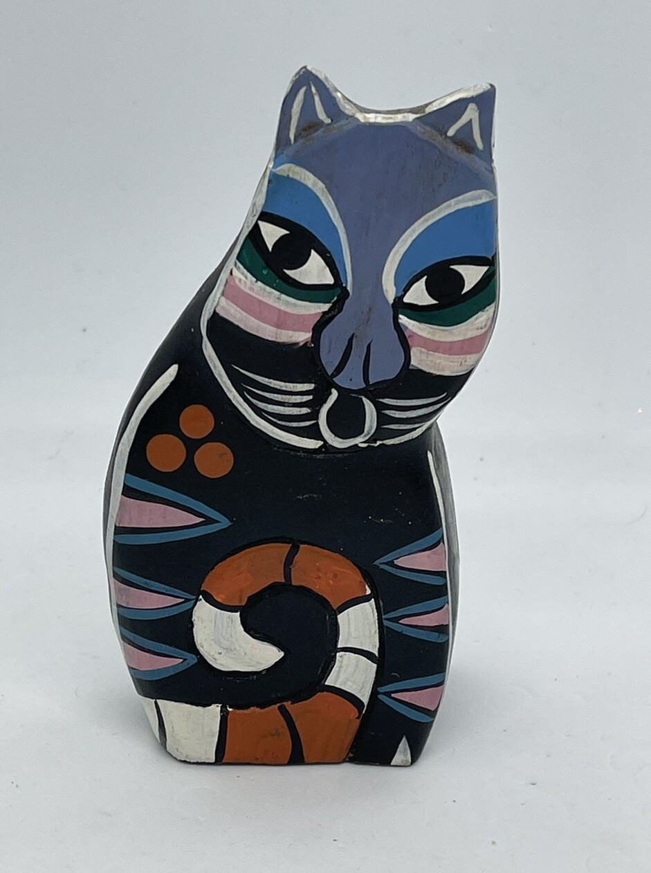 Vintage Wood Hand Painted Carved Cat by Laurel Burch Multi Colors Black Cat