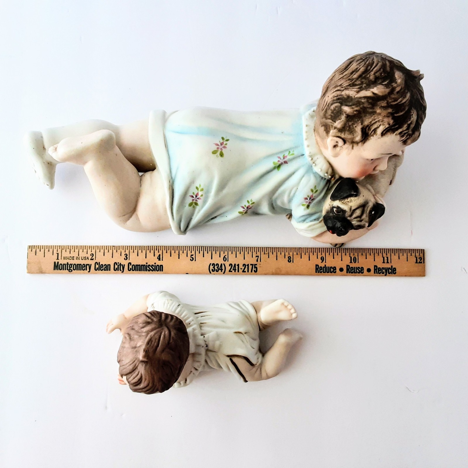 Set Of 2 Vintage Bisque Piano Babies – Lrg W A Pug & Smaller One Crawling