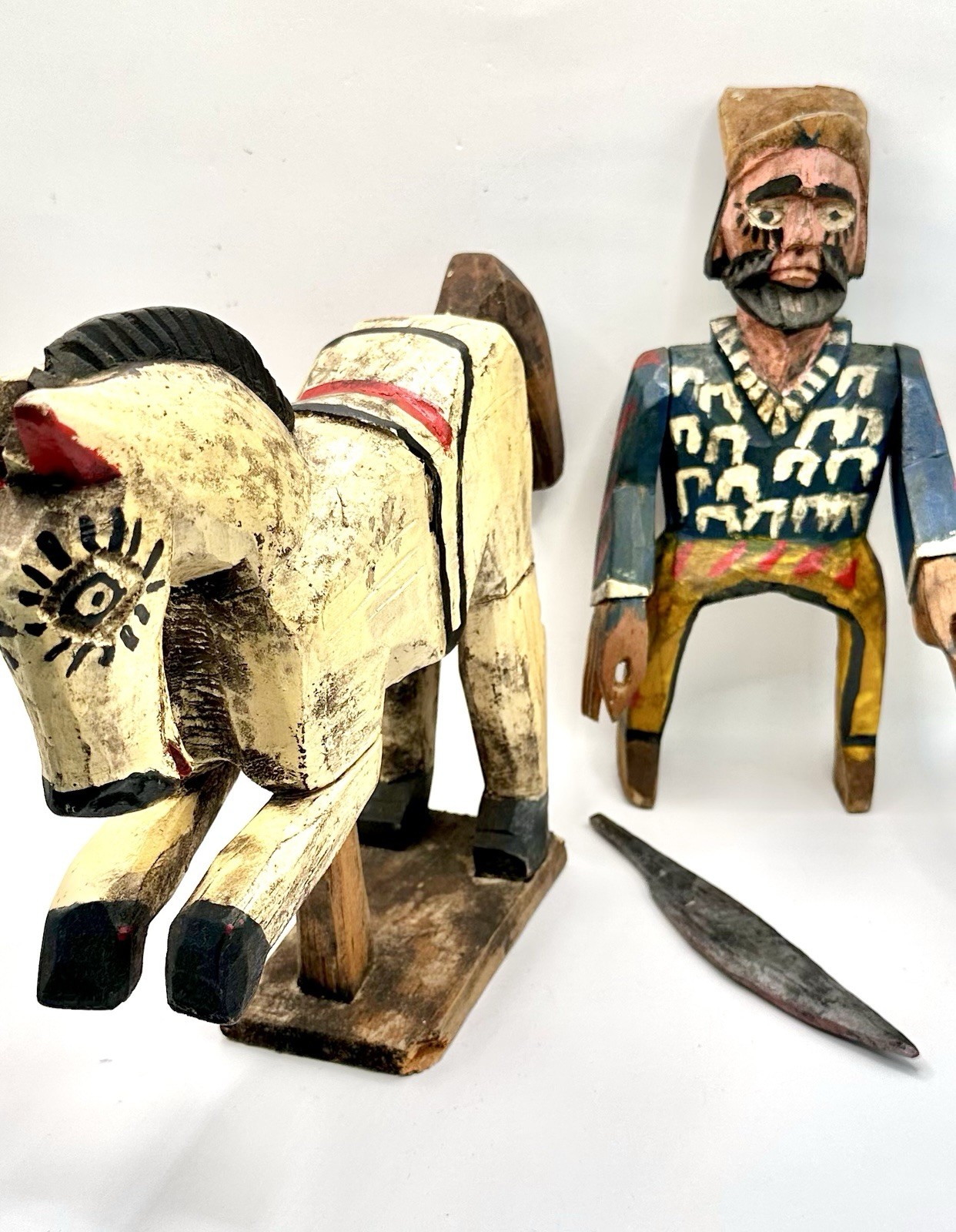 Antique 1920 Hand Carved Wood Folk Art “Santos” St James Horseback Sword, Mexico