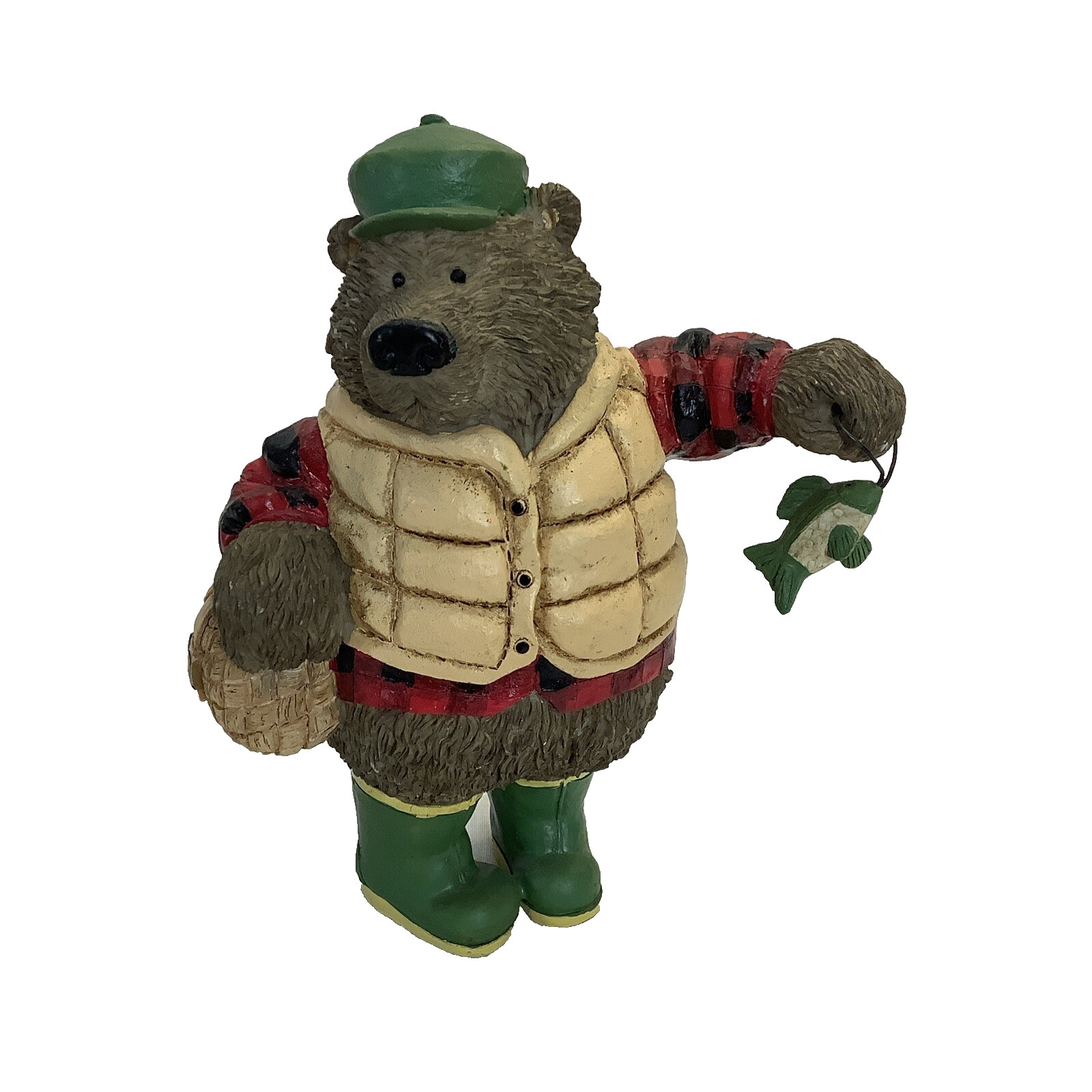 Fishing Bear Figurine Holding Fish Wearing Flannel & Rainboots