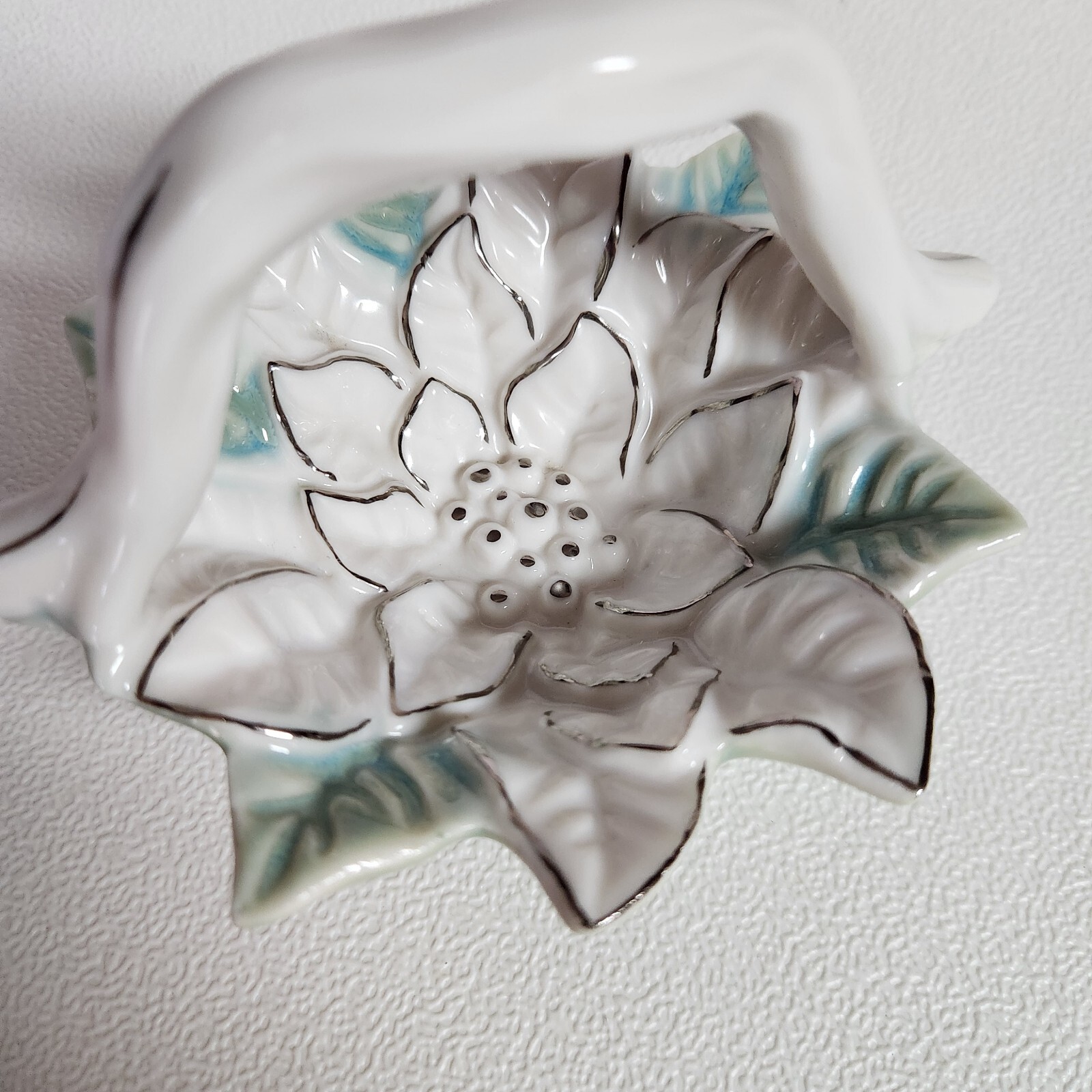 Small Porcelain Handled Basket White Green Flower Silver Tone Outline Glazed 5″