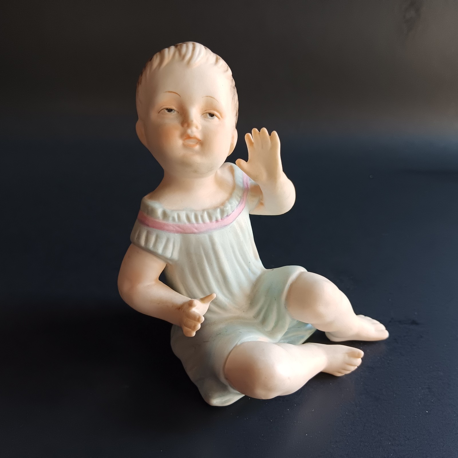 Bisque Piano Baby Blue Pink Gown Waving Porcelain Figurine Boy Girl Infant 4.75″