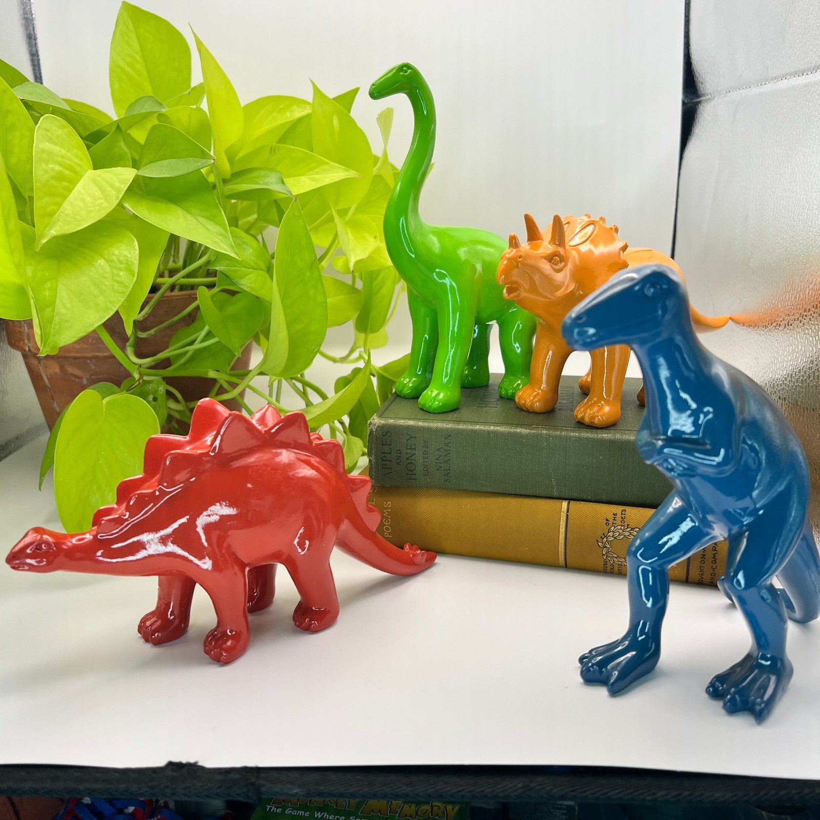 4 Dinosaurs Blue TRex Red Stegosaurus Green Brontosaurus Orange Triceratops Deco