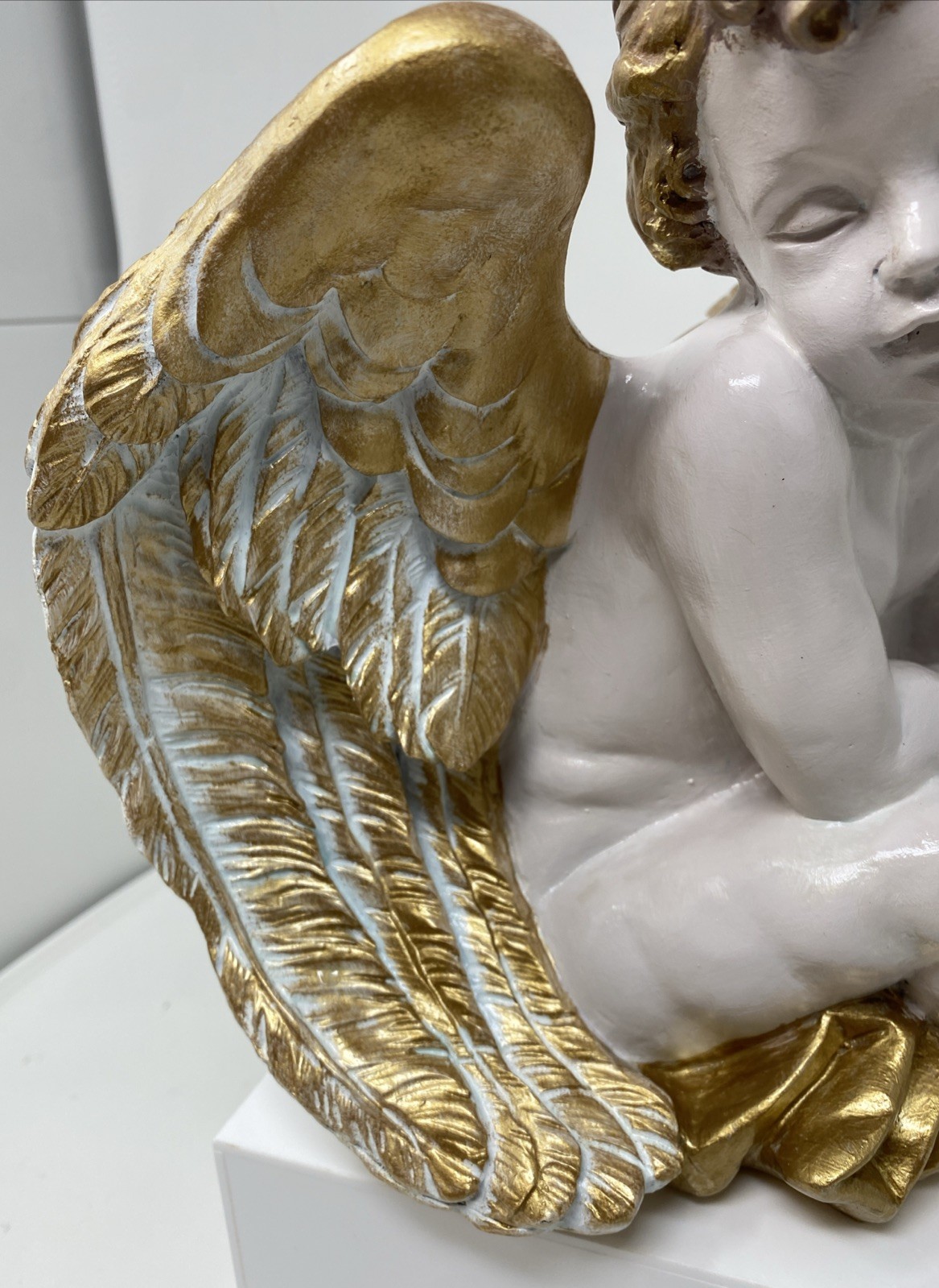 VTG Winged Cherub Angel Sitting Hand painted Gold/ White 10” H