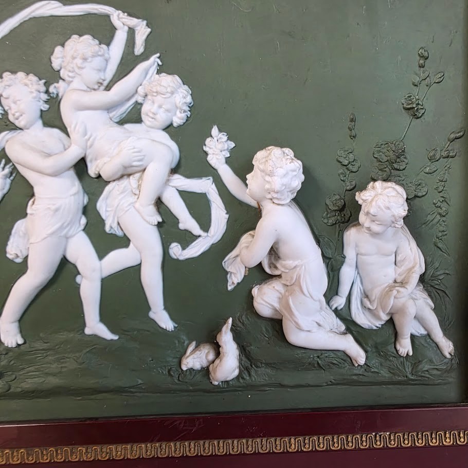 Superb Green Jasperware Plaque Maiden Children Rabbit Scenic High Relief German
