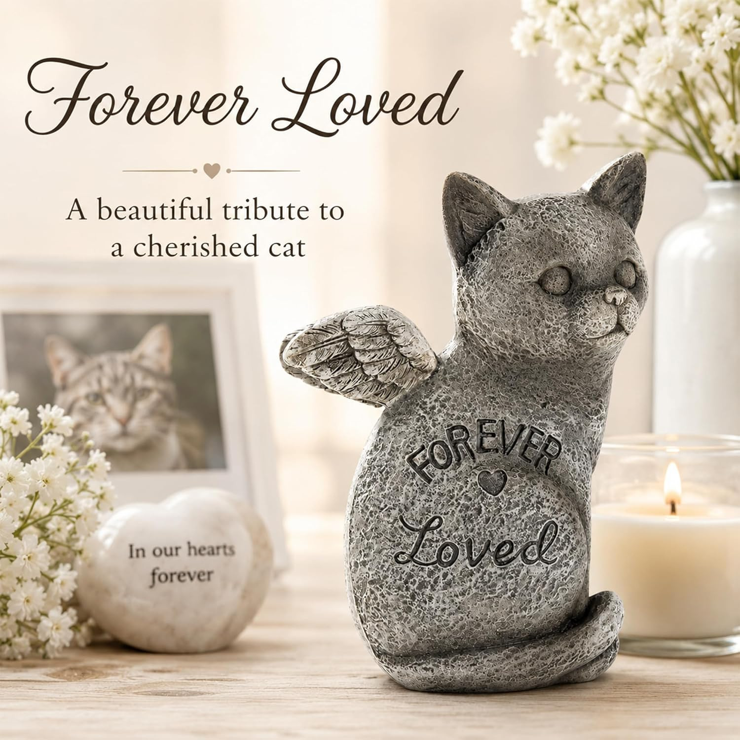 Angel Cat Memorial Figurine, Forever Loved, Gray Polyresin, Hand Painted, Waterp