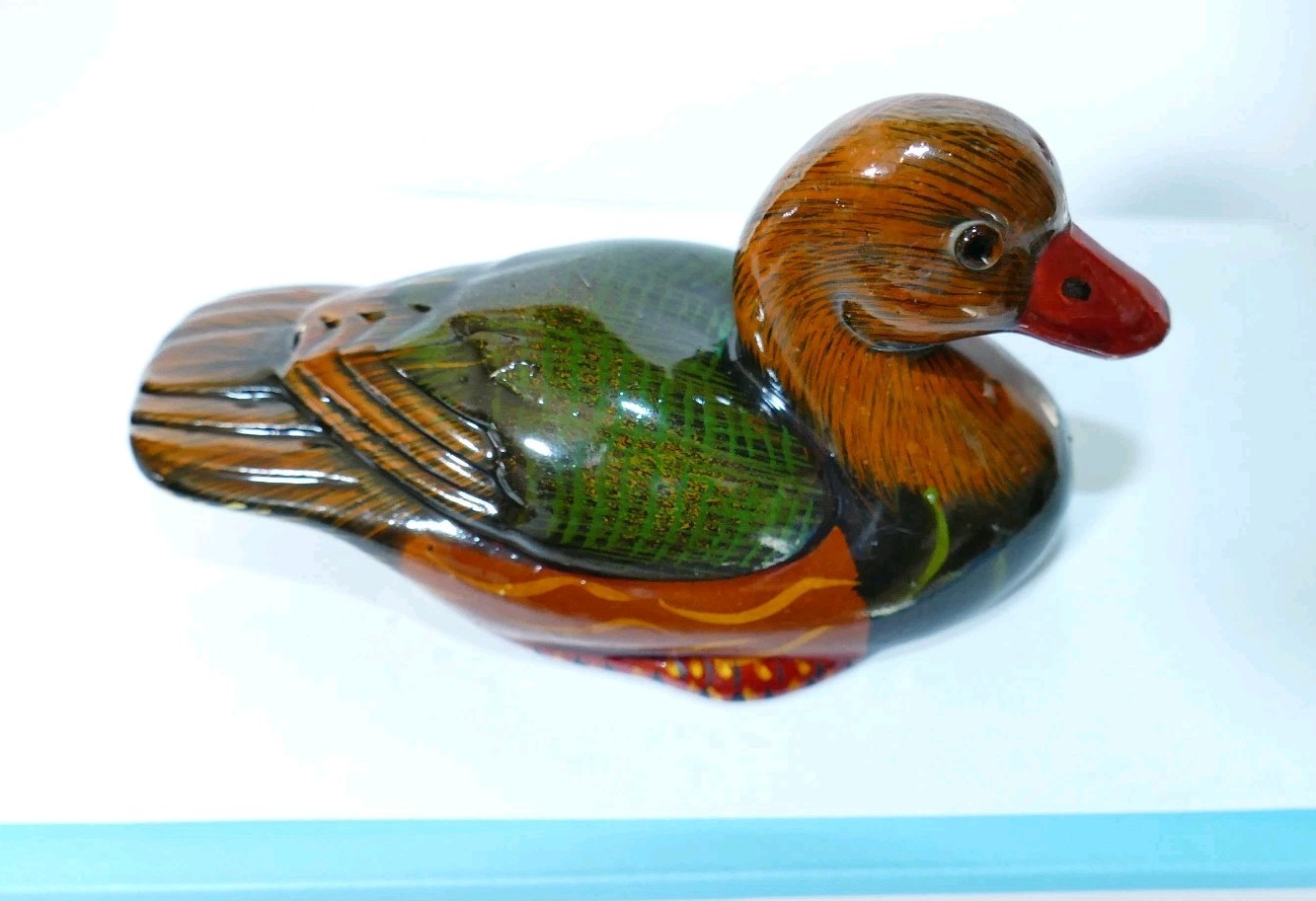 ENESCO DUCK FIGURINE Green & Brown W/original LABEL Beautiful 5 X 3 Inch