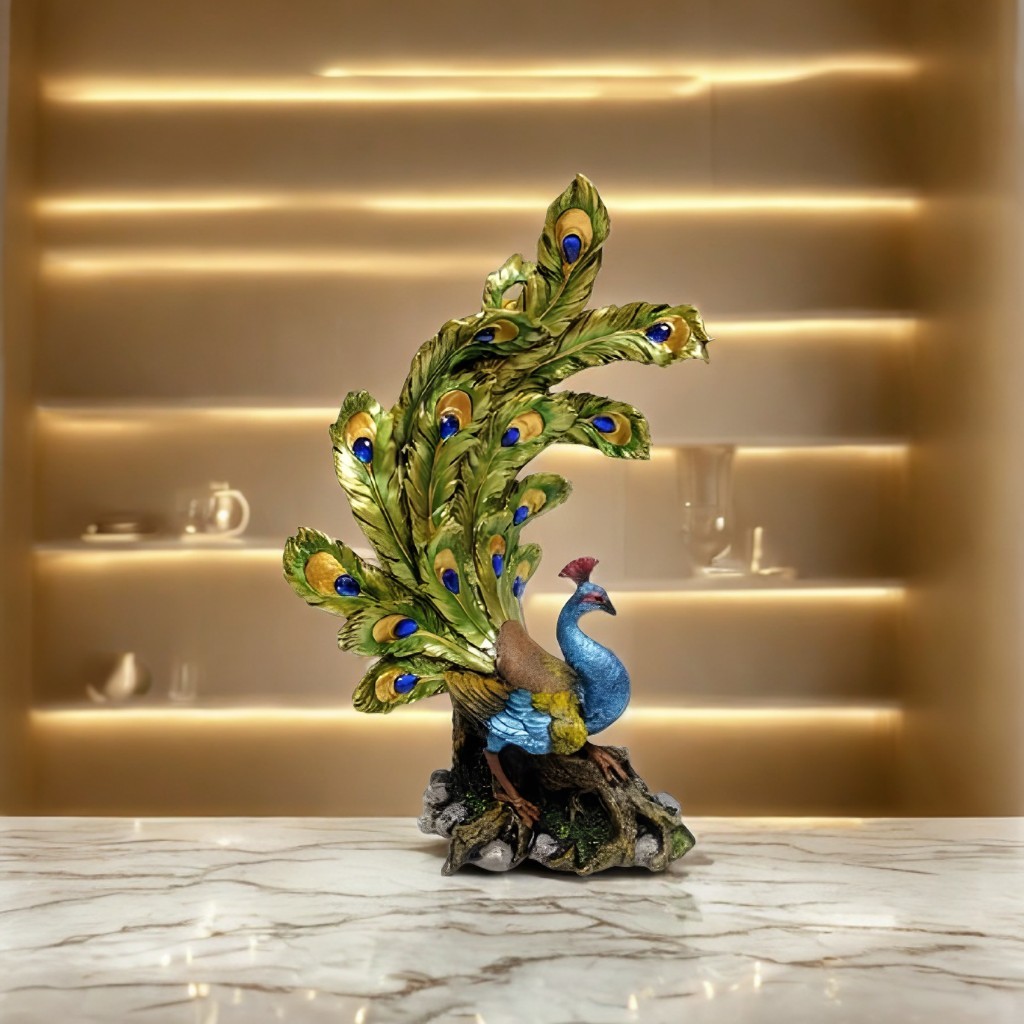 14″H Peacock on Tree Base Figurine Ornament Home Decor Unique Gift